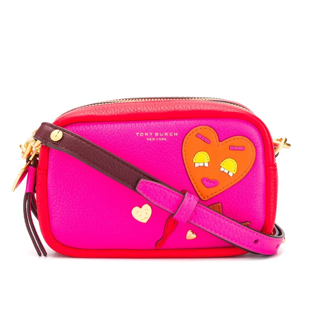 Tory Burch Perry Patchwork Hearts Mini Bag in pink and red pebbled leather
